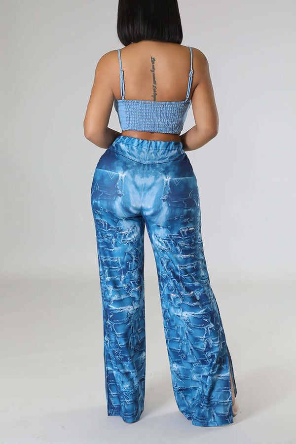 Imitation Denim Print Slit Pants