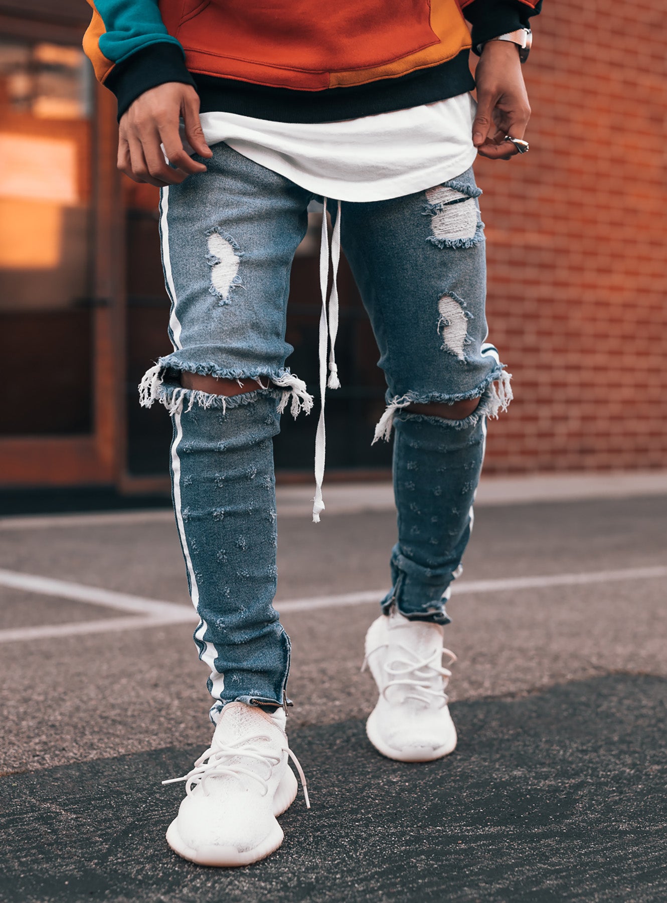 Double Striped Track Jeans V2 in Blue and White