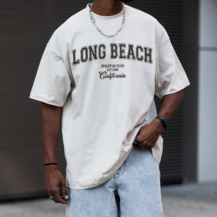 Men's American Retro Street Trend Loose Casual Light Grey Letter Print T-Shirt