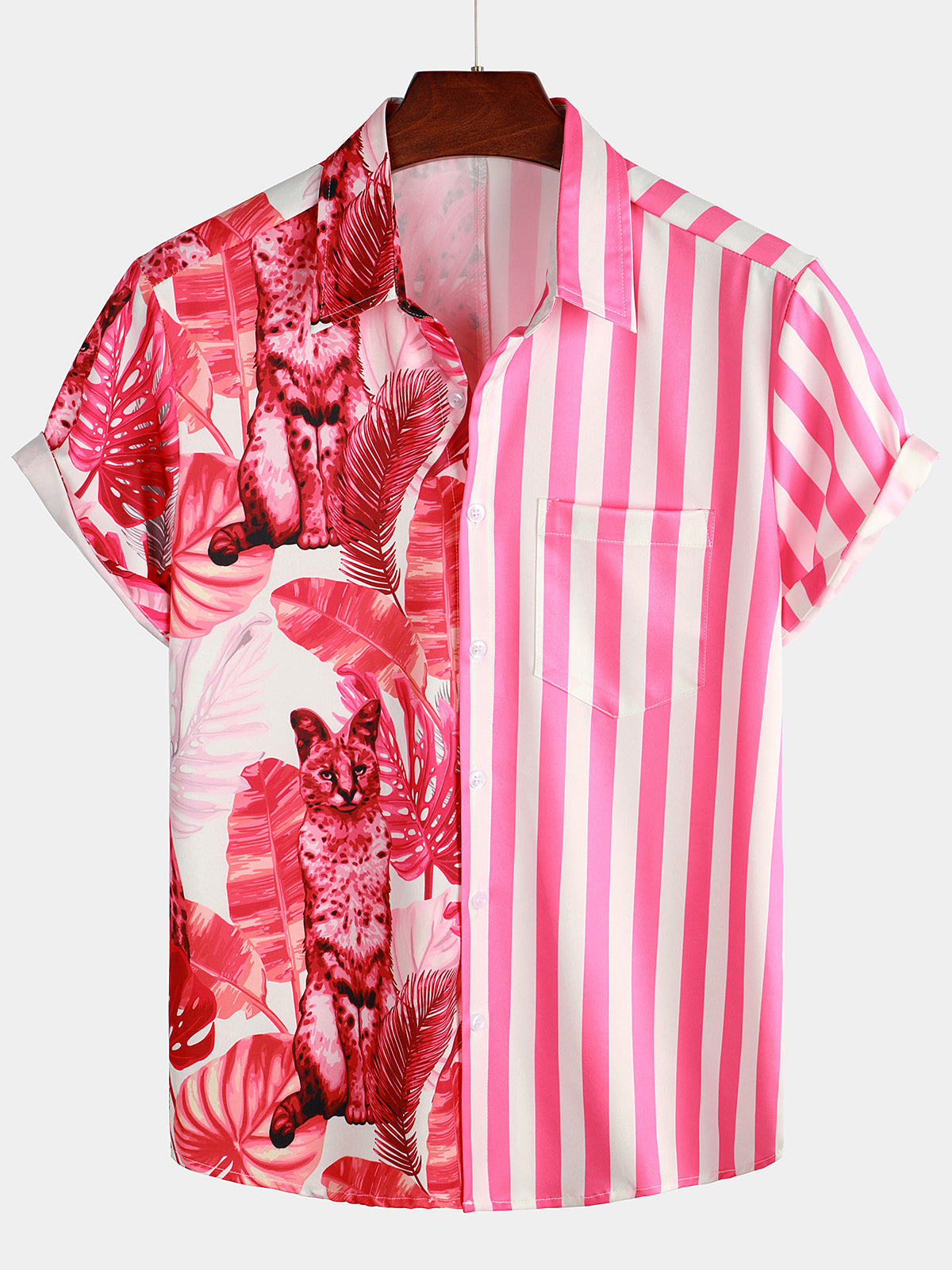 Men's Pink Cat & Striped Print Short Sleeve Shirt