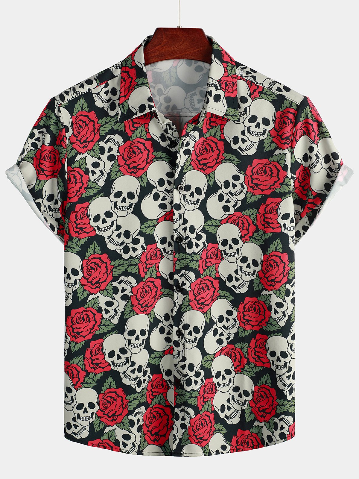 Men's Skull Rose Print Short Sleeve Hawaiian Shirt