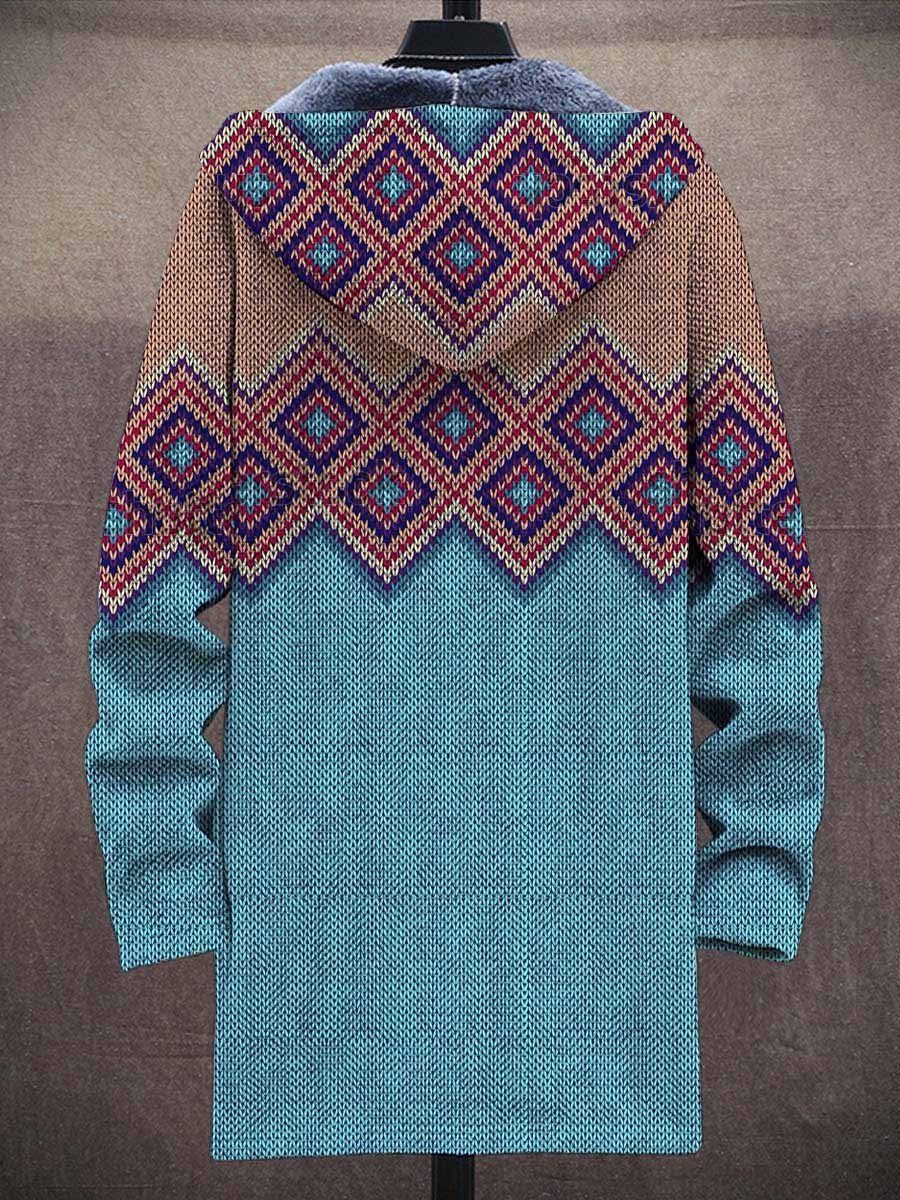 Men's Retro Print Plush Thick Long-Sleeved Coat Cardigan