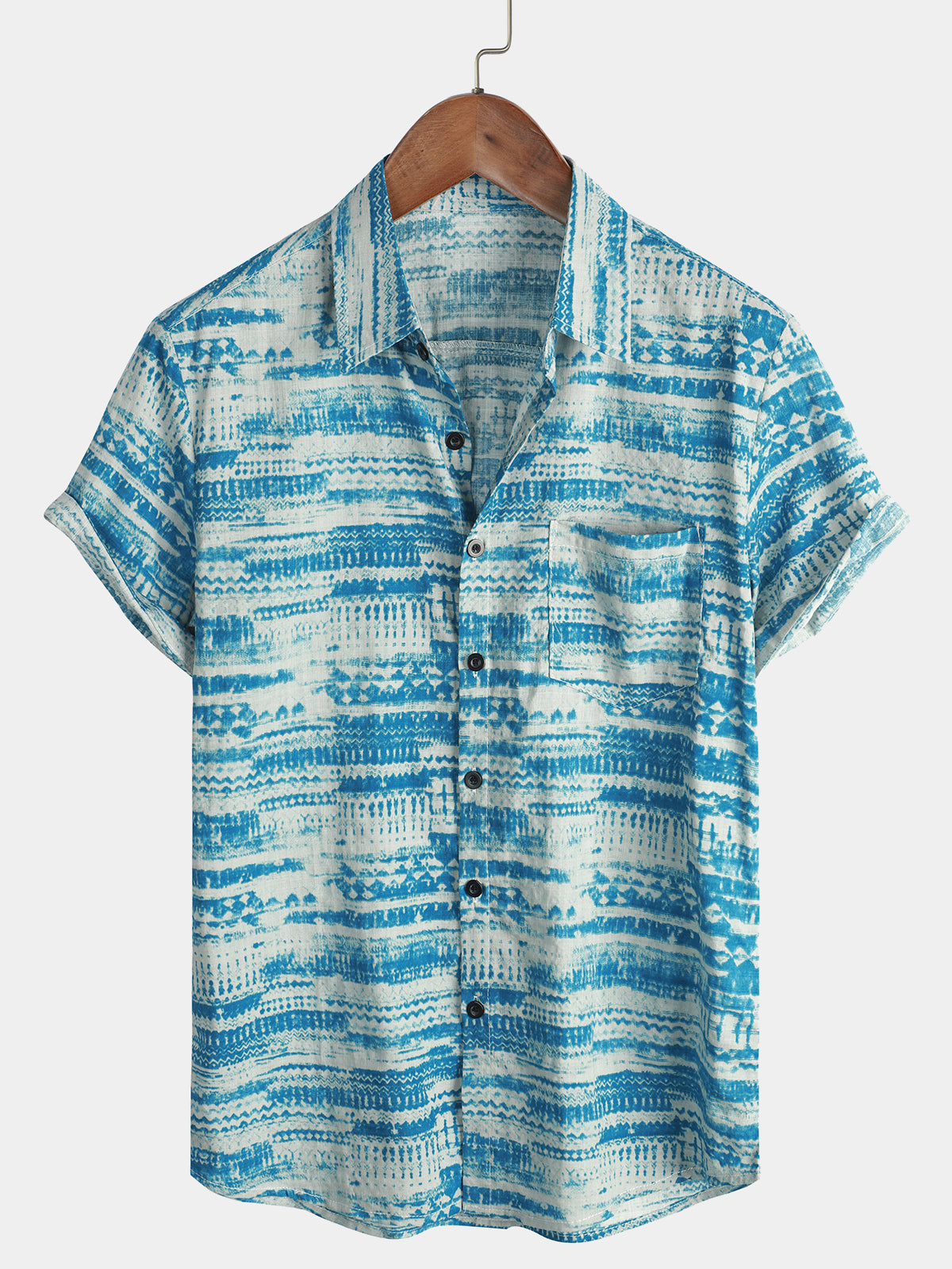 Men's Blue Vintage Pocket Holiday Summer Short Sleeve Button Shirt