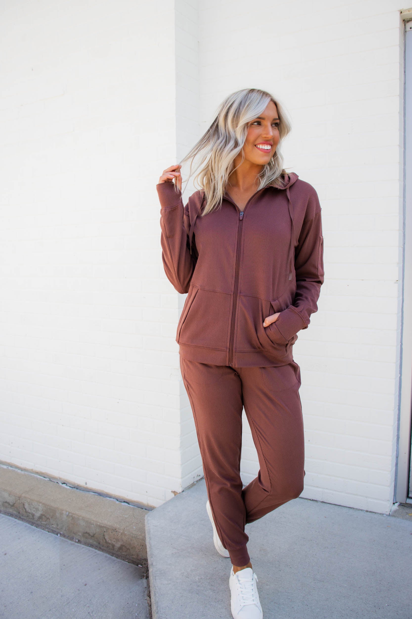 Brianne Ribbed Zip Up Hoodie | Cherrywood
