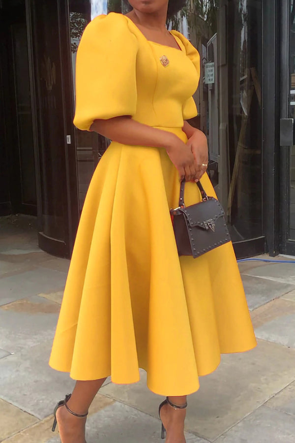 Puff Sleeve Square Neck A-line Dress