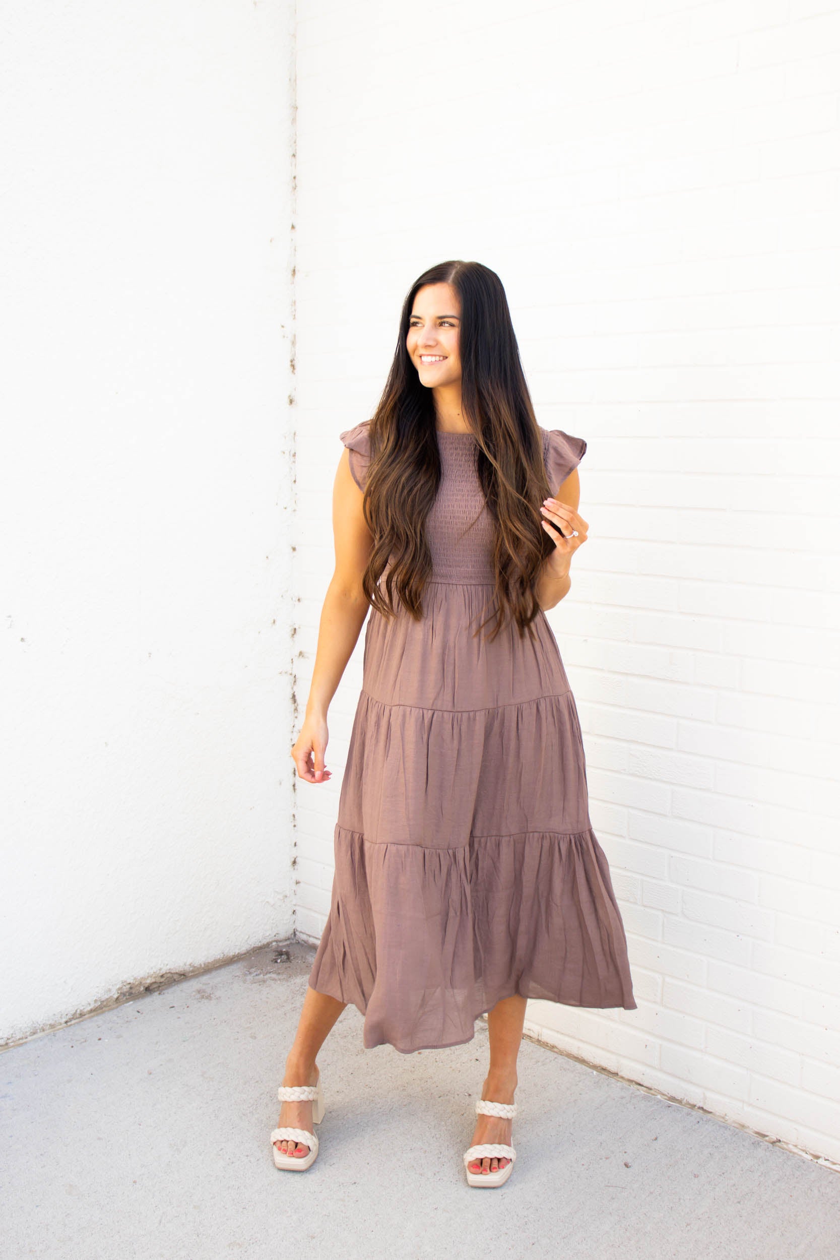 Krysta Smocked Tiered Midi Dress | Mocha