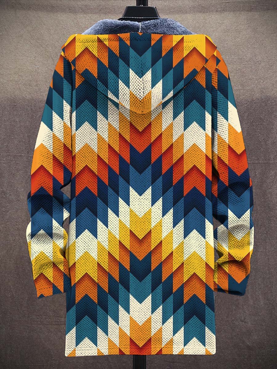 Men's Art Colorful Geometry Long-Sleeved Fleece Sweater Coat Cardigan