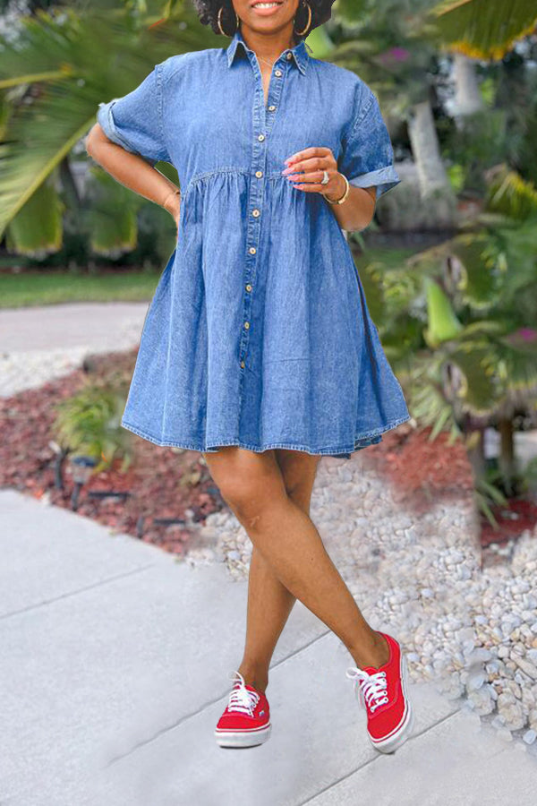 Ruffle Hem Babydoll Denim Dress