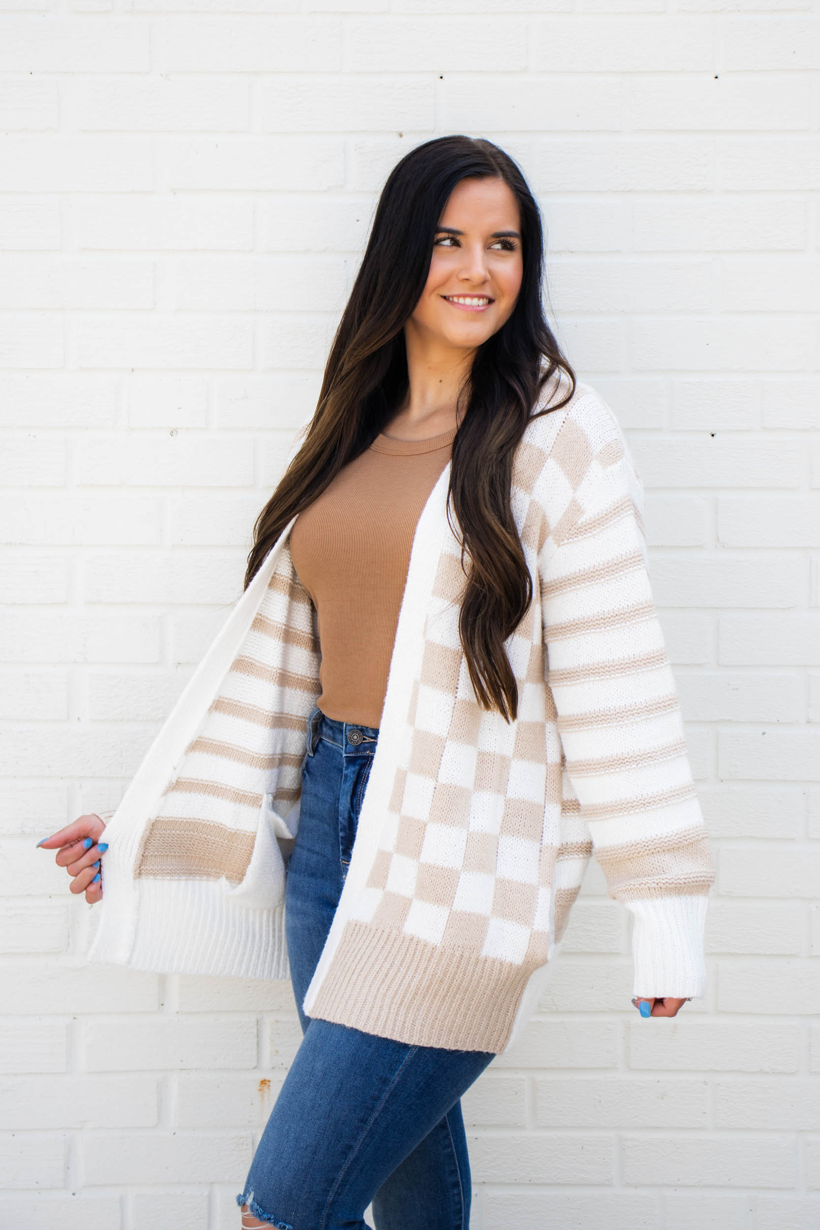Patti Striped-Checkered Cardigan | Cream/Taupe