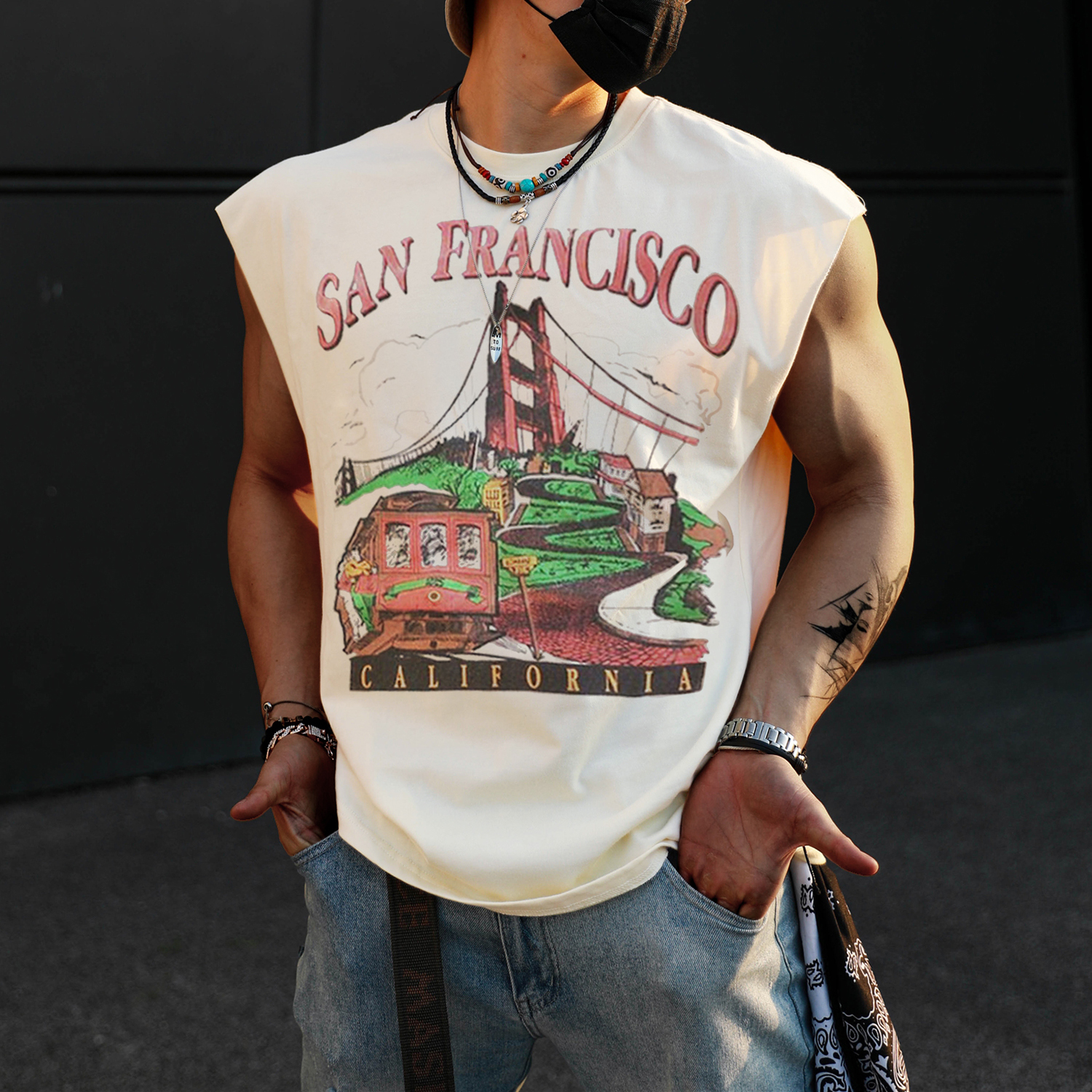 Retro Men's San Francisco Print Tank Top Oversized Sleeveless T-shirt