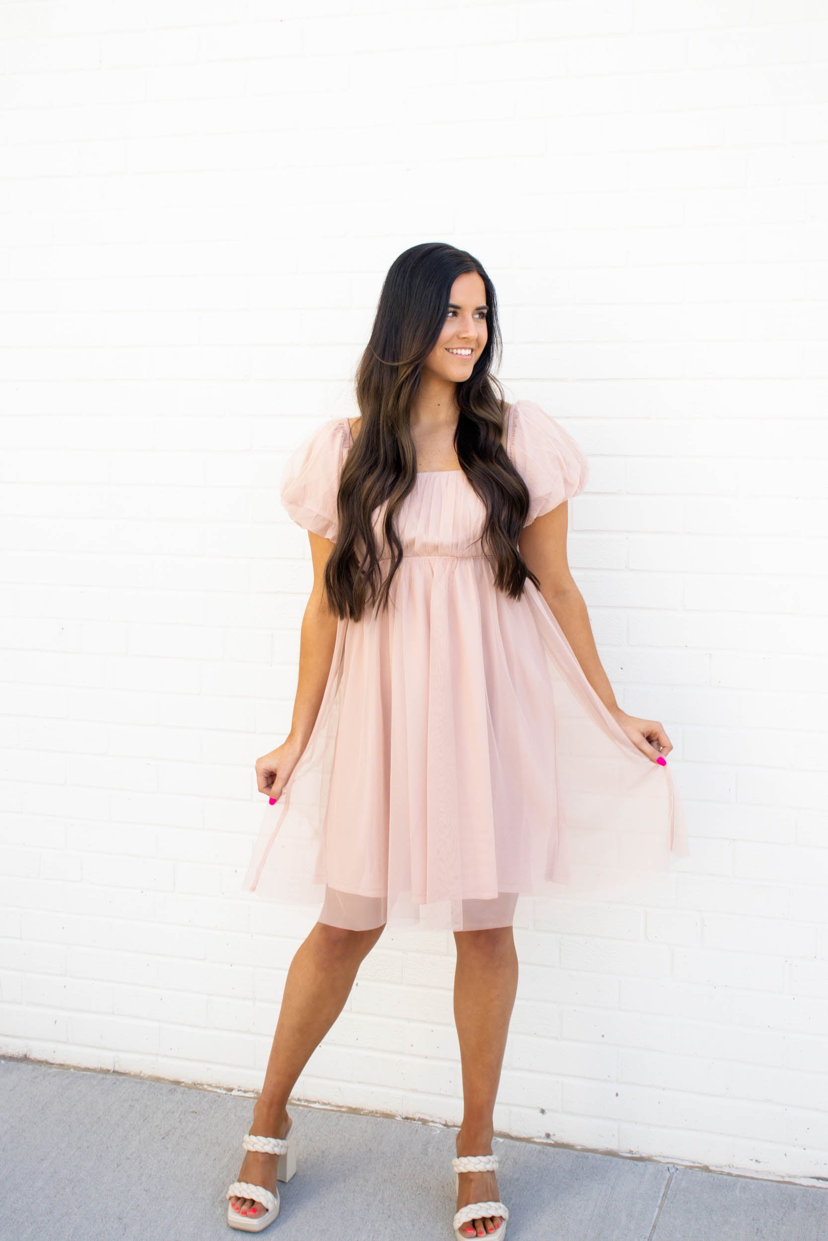 Beatrice Puff Sleeve Mesh Mini Dress | Nude Pink