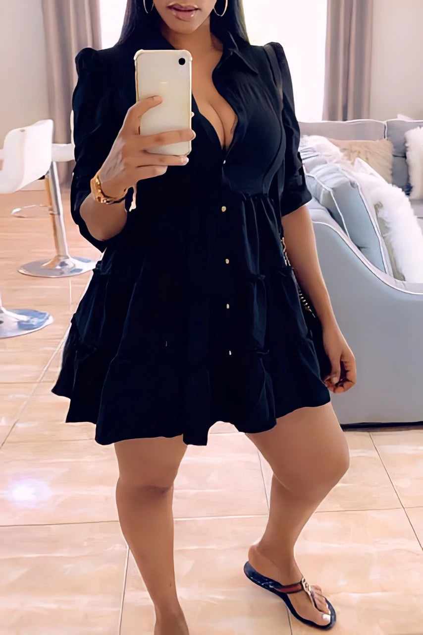Frill Trim Button Up Shirt Dress