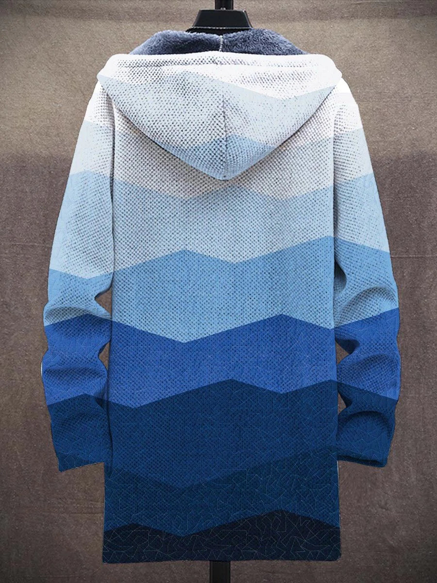 Men's Art Gradient Mountain Illustration Long-Sleeved Fleece Sweater Coat Cardigan