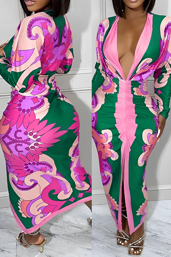 Deep V Printed Slim Maxi Dress