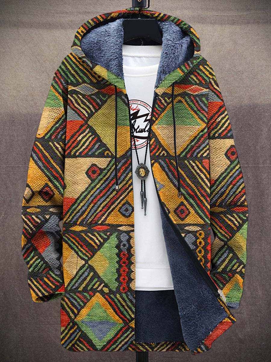 Men's Retro Art Print Plush Thick Long-Sleeved Sweater Coat Cardigan