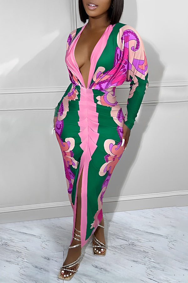 Deep V Printed Slim Maxi Dress