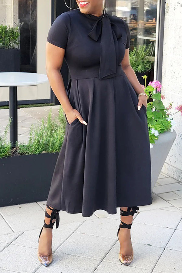Tied Neck Short Sleeve A-line Dress