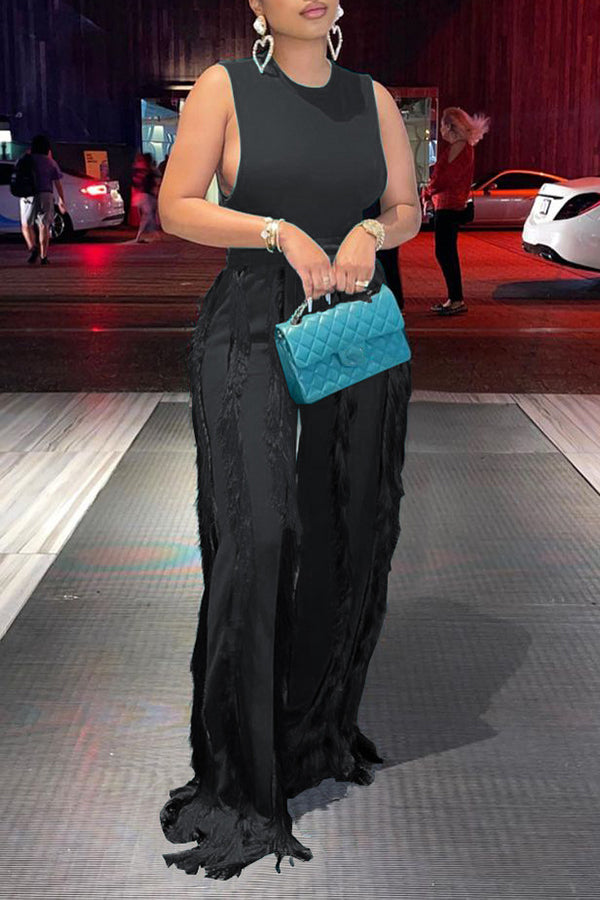 Stretch High-Rise Wide-Leg Fringed Pants