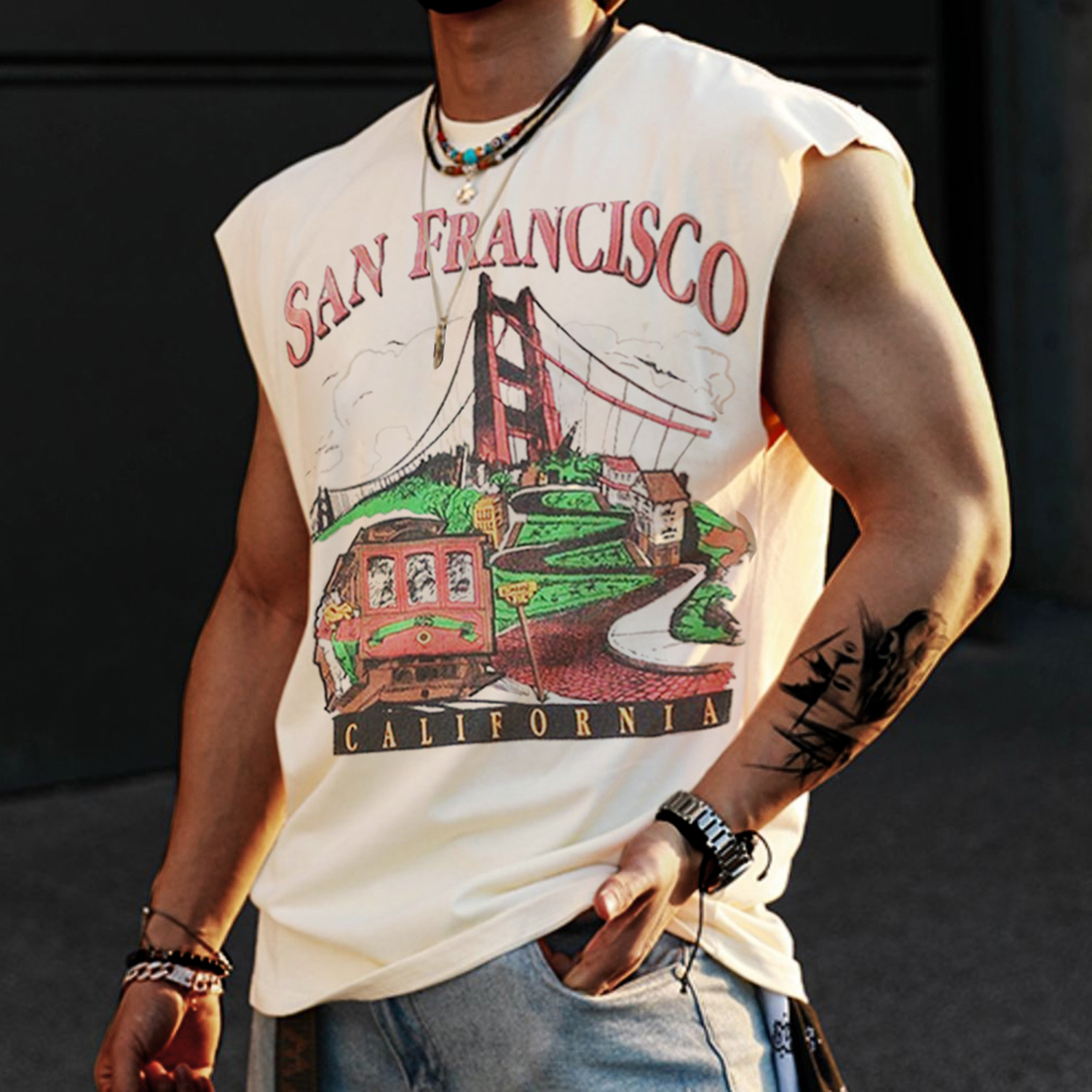 Retro Men's San Francisco Print Tank Top Oversized Sleeveless T-shirt
