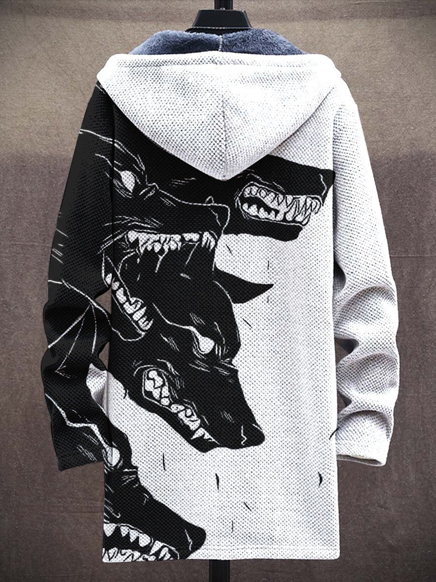 Men's Black And White Art Long-Sleeved Fleece Sweater Coat Cardigan