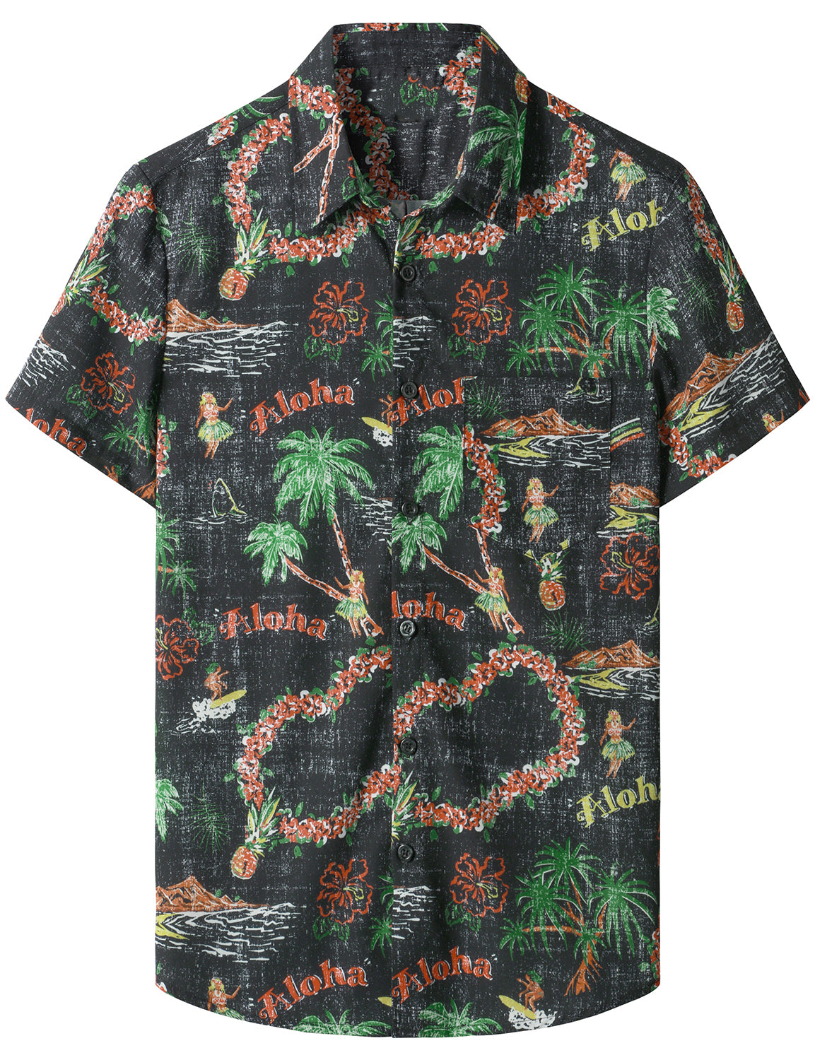 Men's Vintage Aloha Print Summer Short Sleeve Pocket Black Hawaiian Shirt