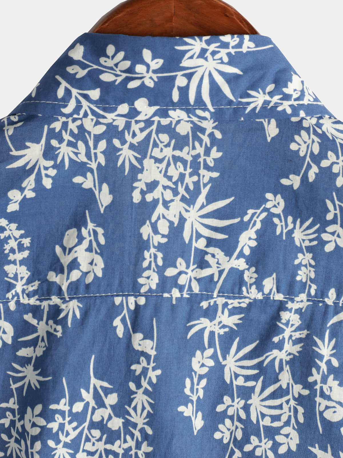 Men's Tropical Leaf Print Top Blue Cotton Button Up Short Sleeve Shirt