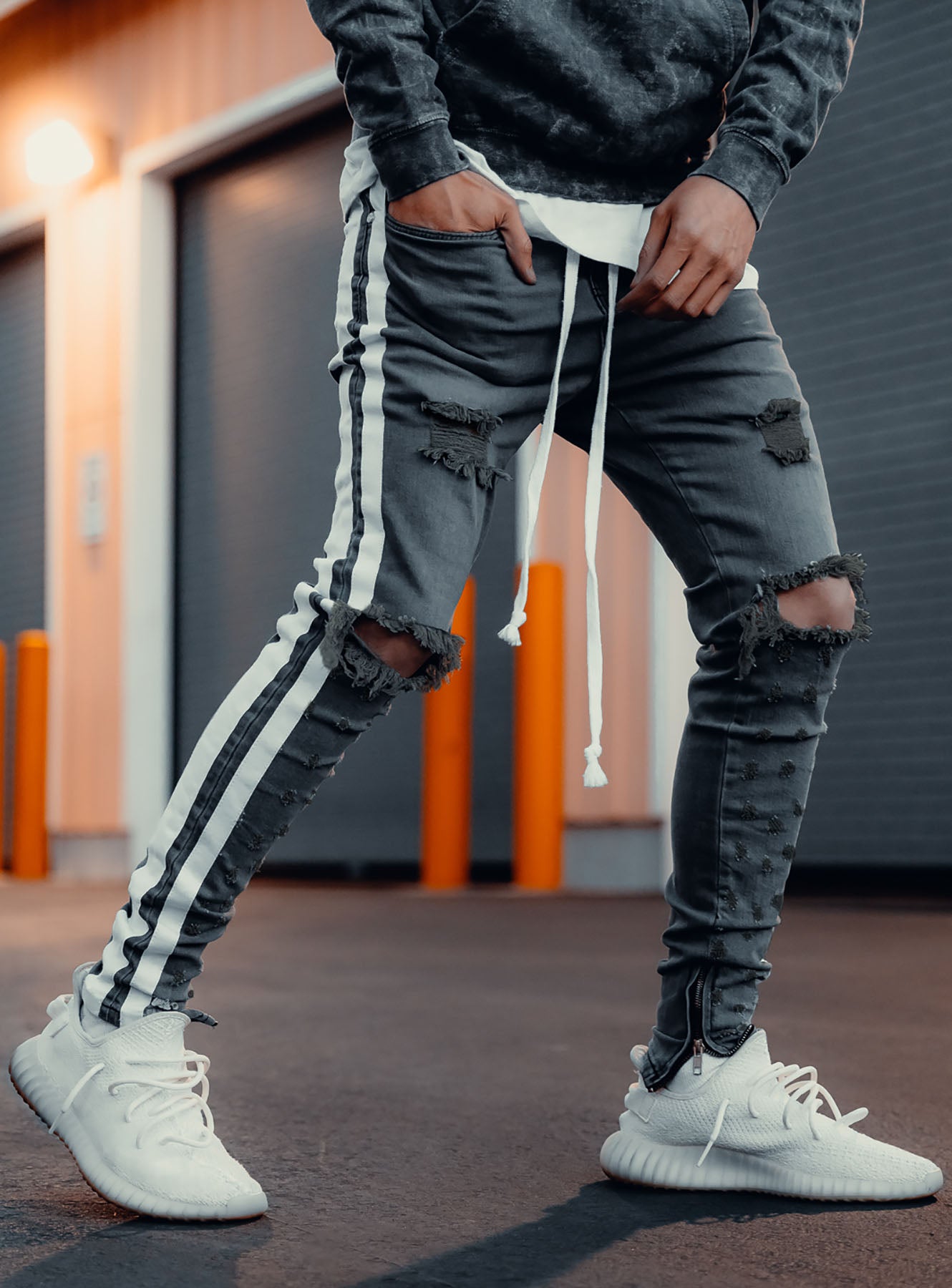 Double Striped Track Jeans V2 in Dark Grey and White