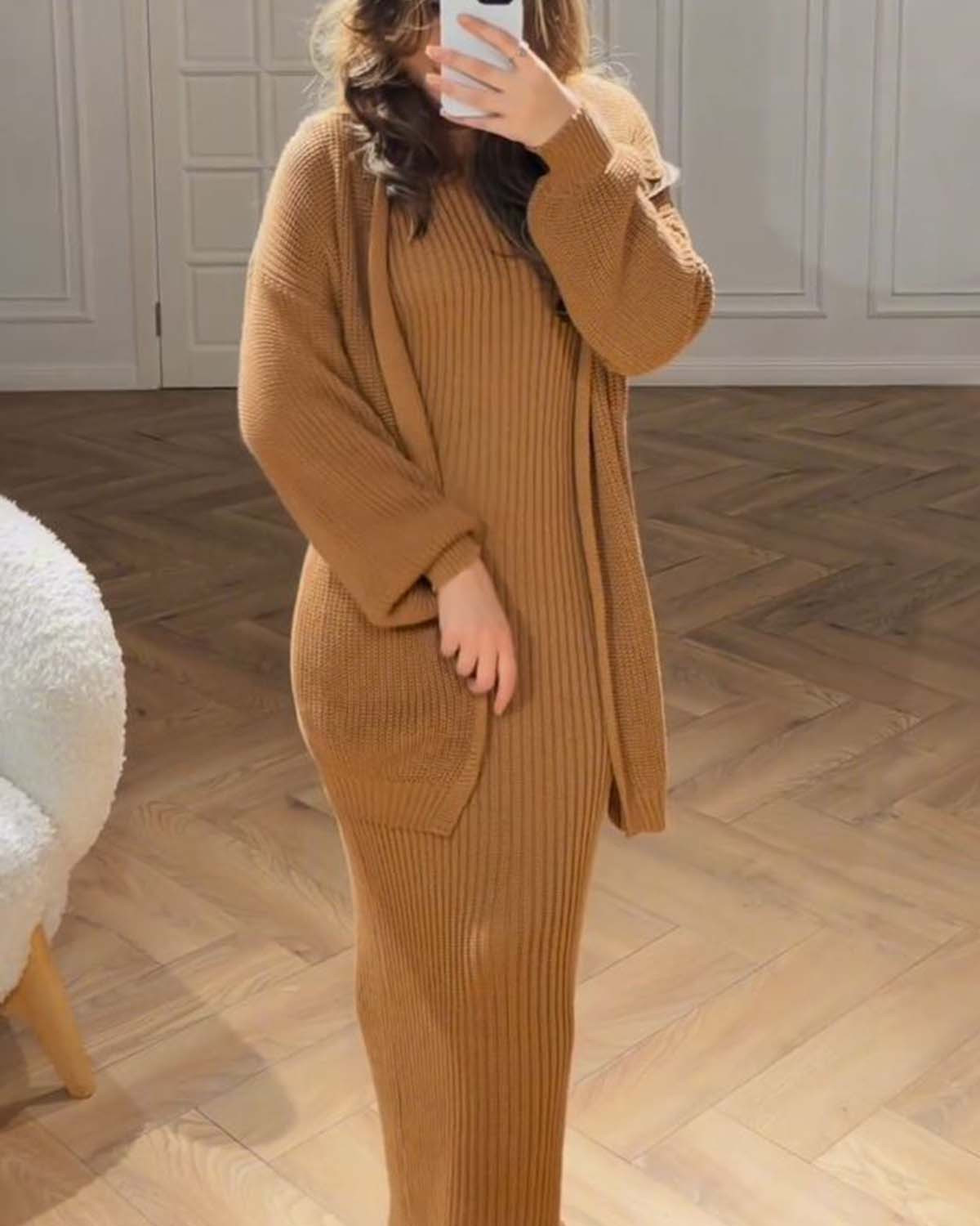 Elegant Cardigan + Dress Two Piece Set 4aef