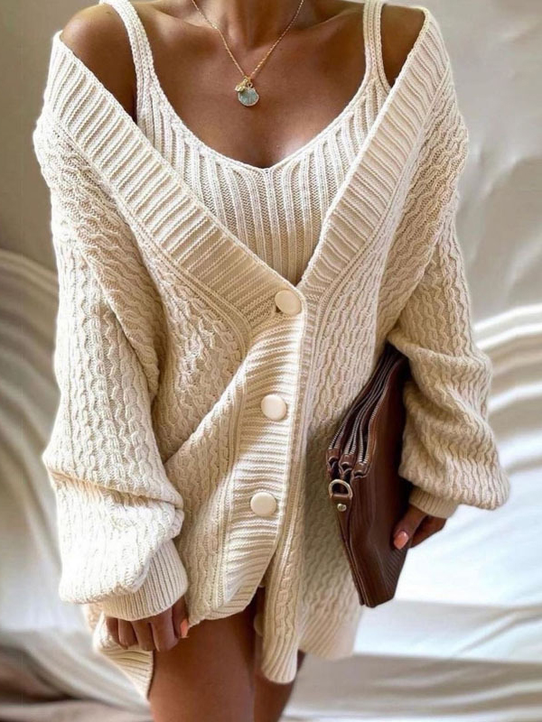 V-neck Twist Knitted Suspender Cardigan Dress