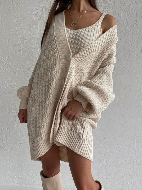 V-neck Twist Knitted Suspender Cardigan Dress