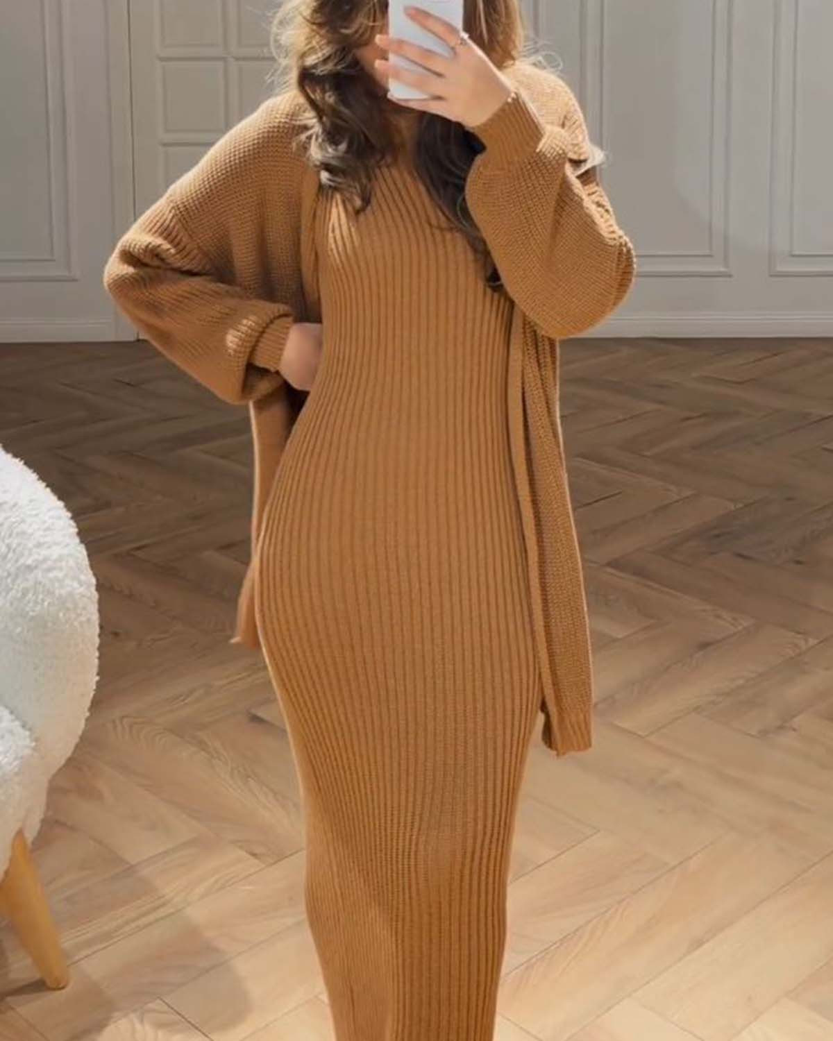 Elegant Cardigan + Dress Two Piece Set 4aef