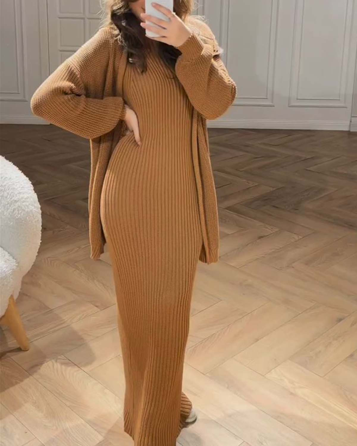 Elegant Cardigan + Dress Two Piece Set 4aef