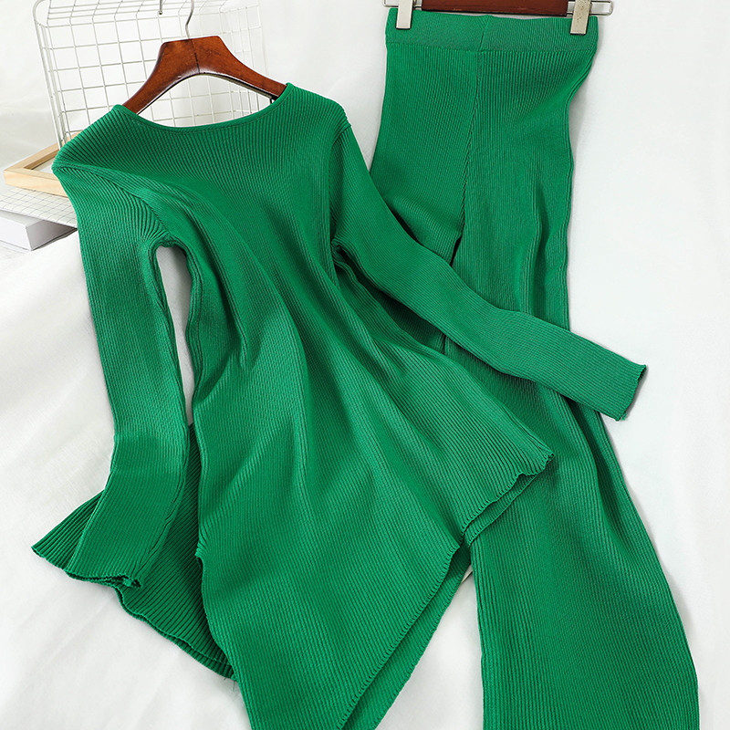Two-Piece Set Of Irregular Straight Knit Wide-Leg Pants