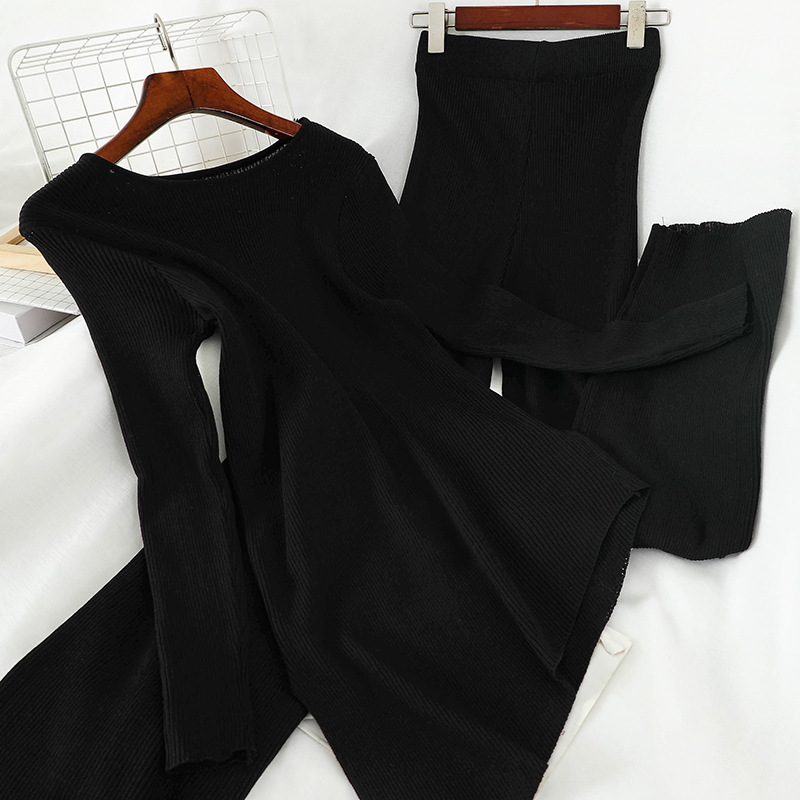 Two-Piece Set Of Irregular Straight Knit Wide-Leg Pants