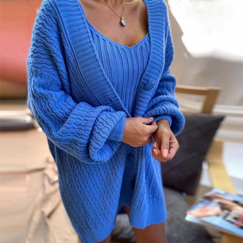 V-neck Twist Knitted Suspender Cardigan Dress