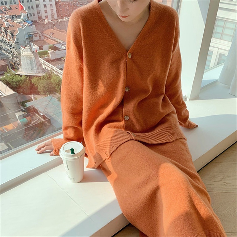 Vintage V-Neck Knitted Cardigan Set Skirt