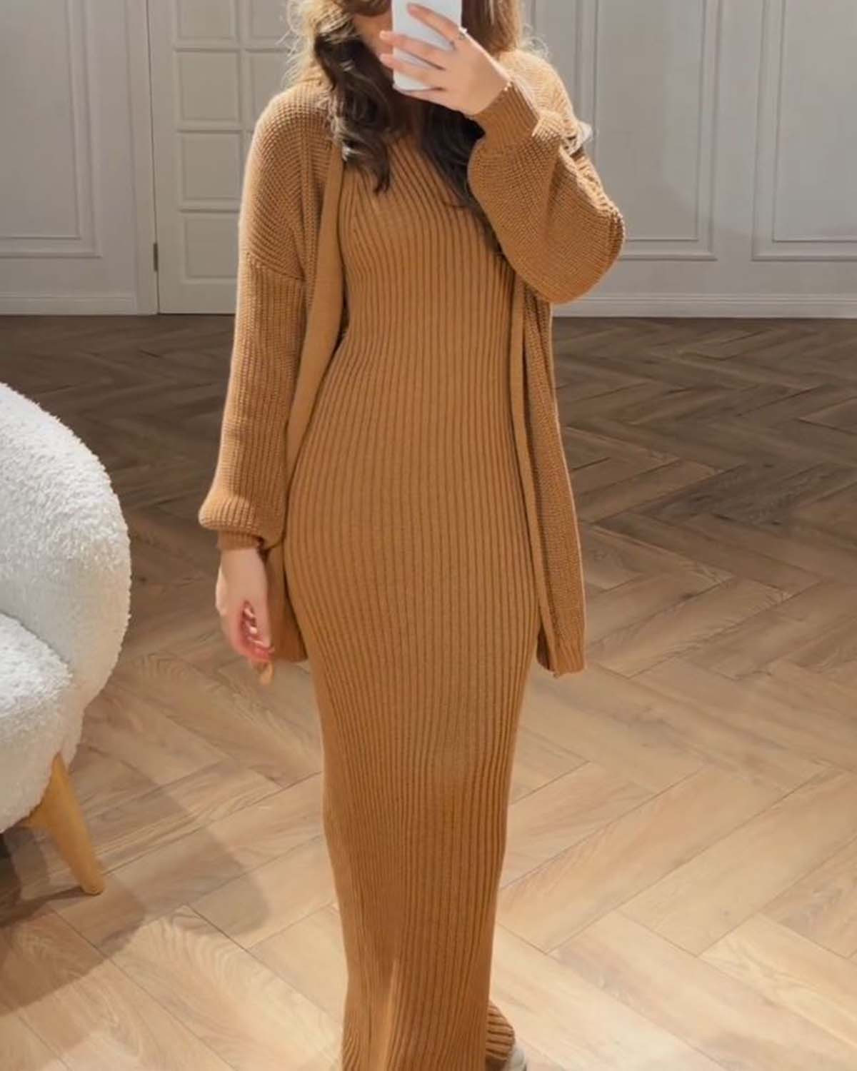 Elegant Cardigan + Dress Two Piece Set 4aef