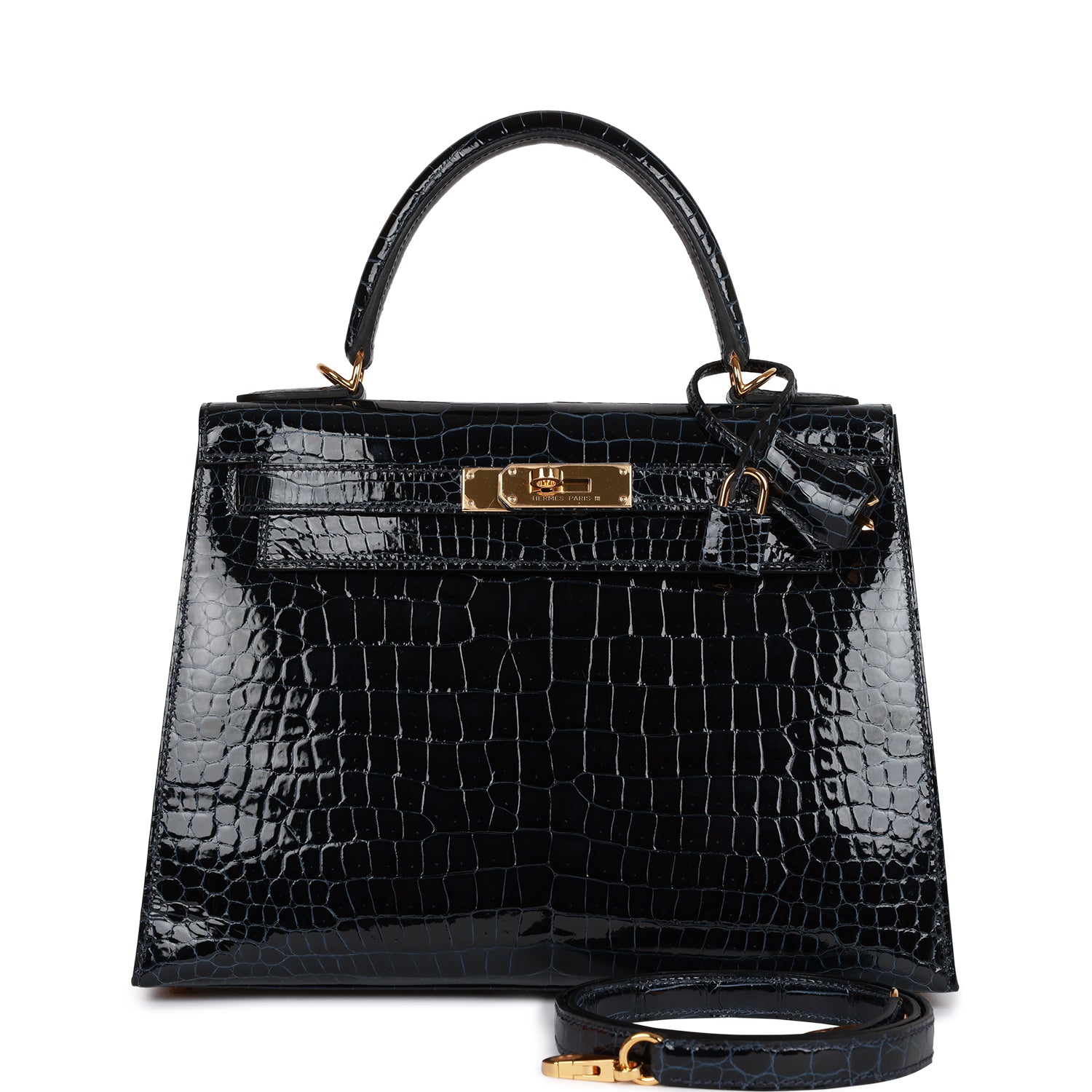 HE&&ME Kelly Sellier 28 Bleu Baltique Shiny Porosus Crocodile Gold Hardware