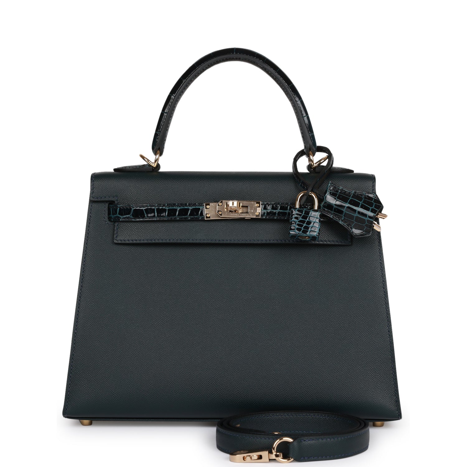 HE&&ME Kelly Sellier 25 Vert Rousseau Madame and Shiny Niloticus Crocodile Touch Gold Hardware