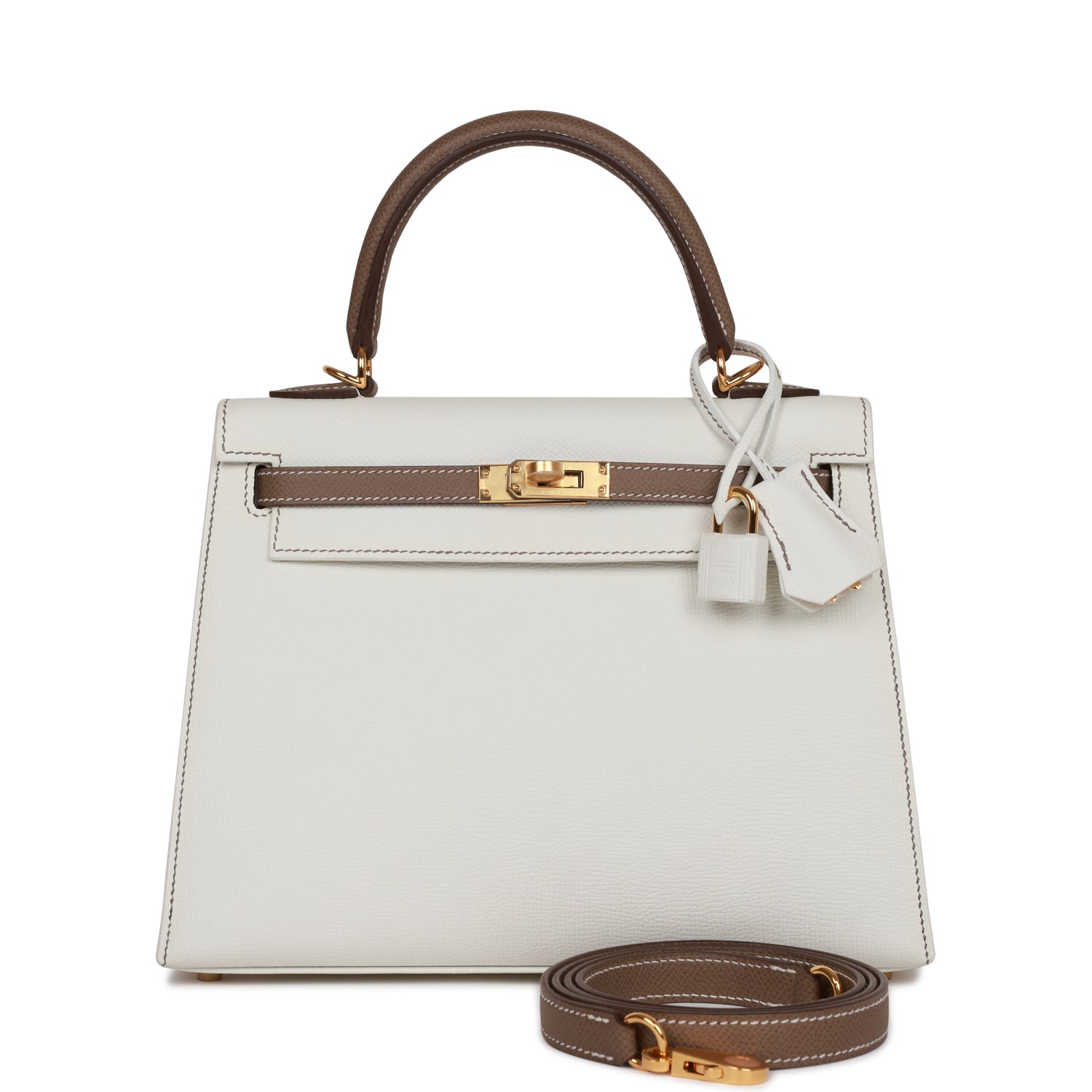 HE&&ME Special Order (HSS) Kelly Sellier 25 White and Etoupe Epsom Gold Hardware