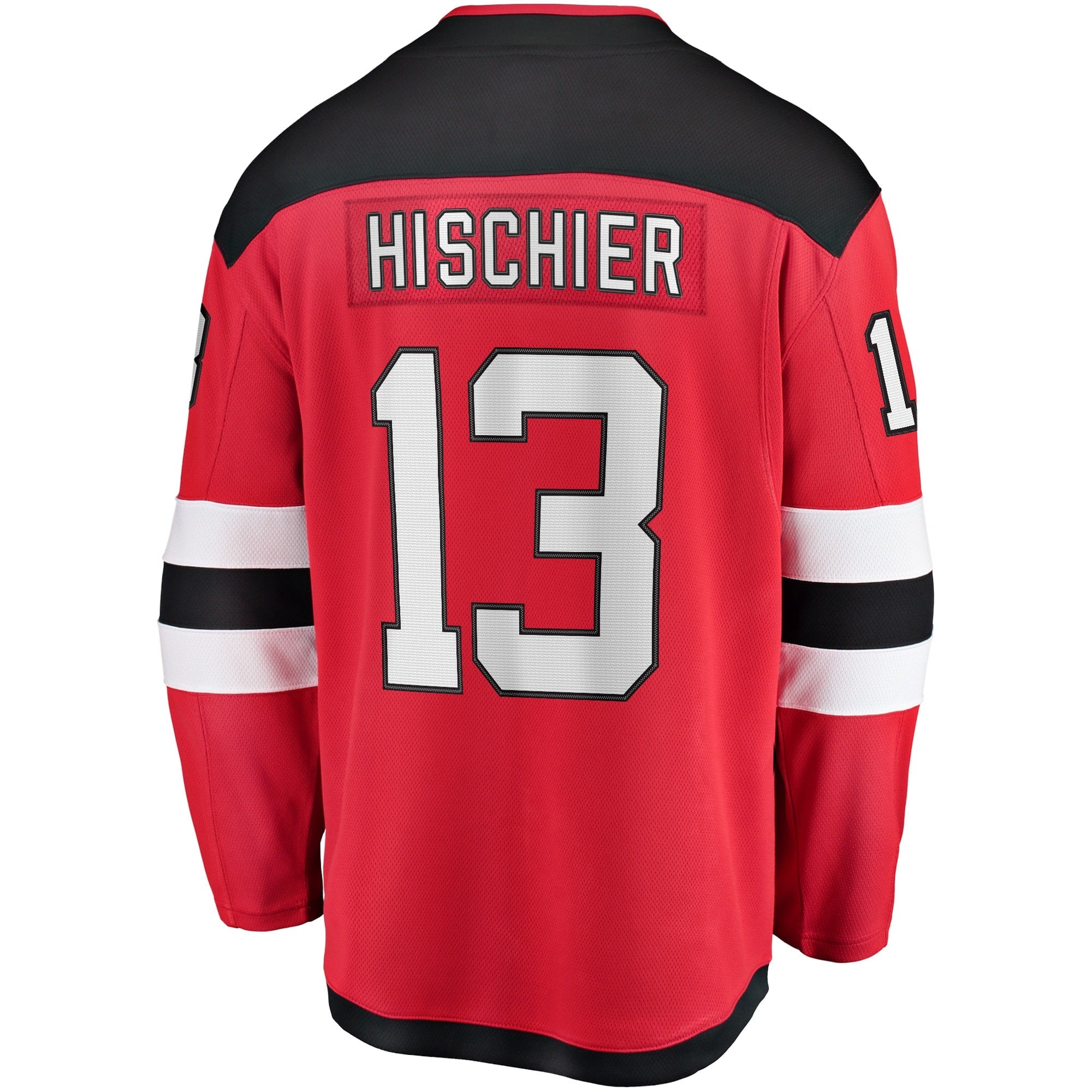 Men's Fanatics Branded Nico Hischier Red New Jersey Devils Captain Patch Home Breakaway Jersey