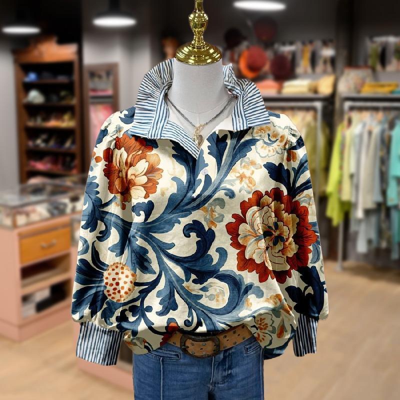 Baroque Floral Satin Blouse – Bold Print with Striped Ruffle Details