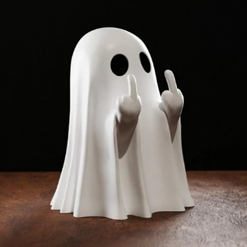 Mini Cute Ghost Statue with Middle Finger – Funny Halloween Desk Decor