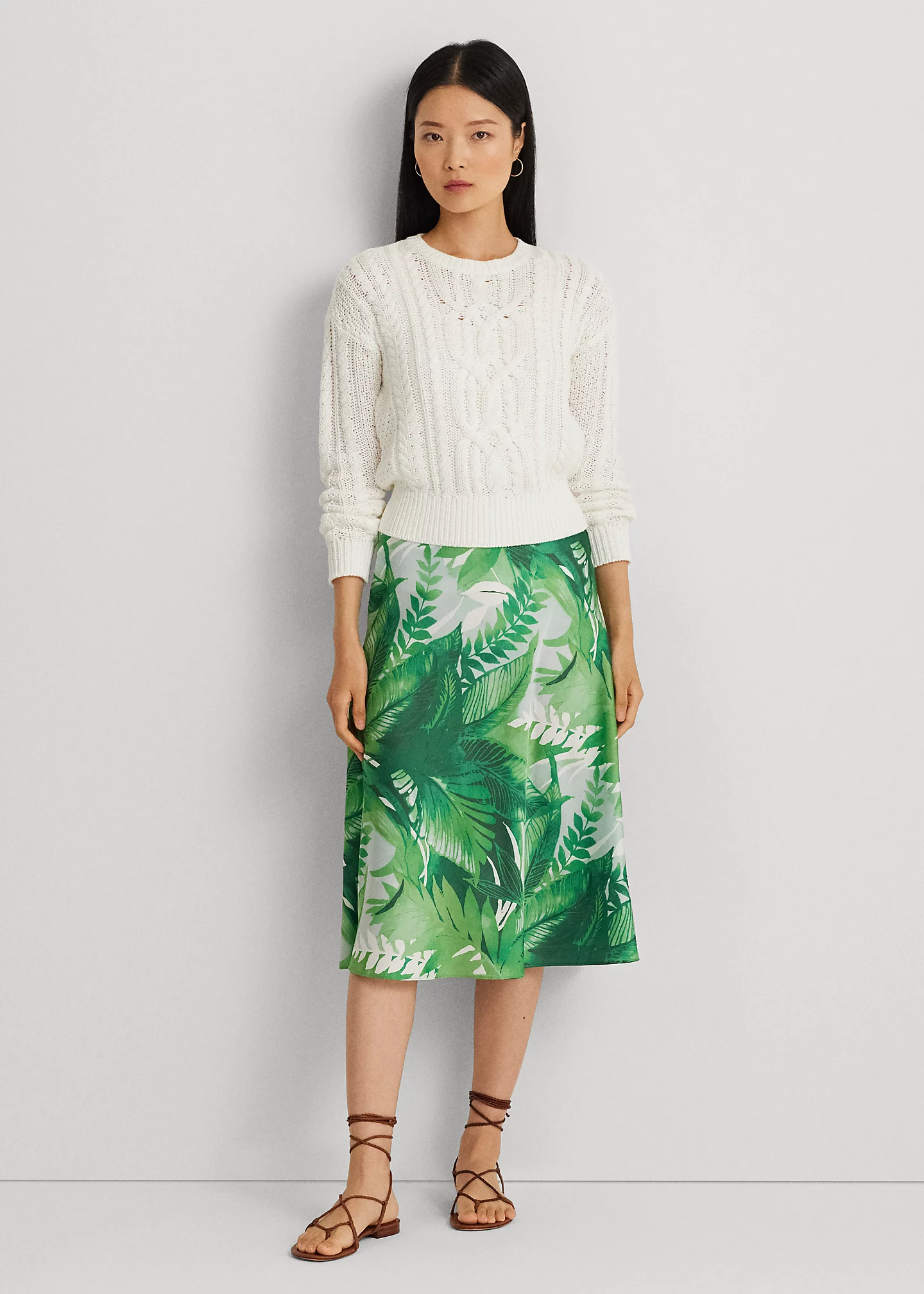 Palm Frond-Print Charmeuse Midi Skirt