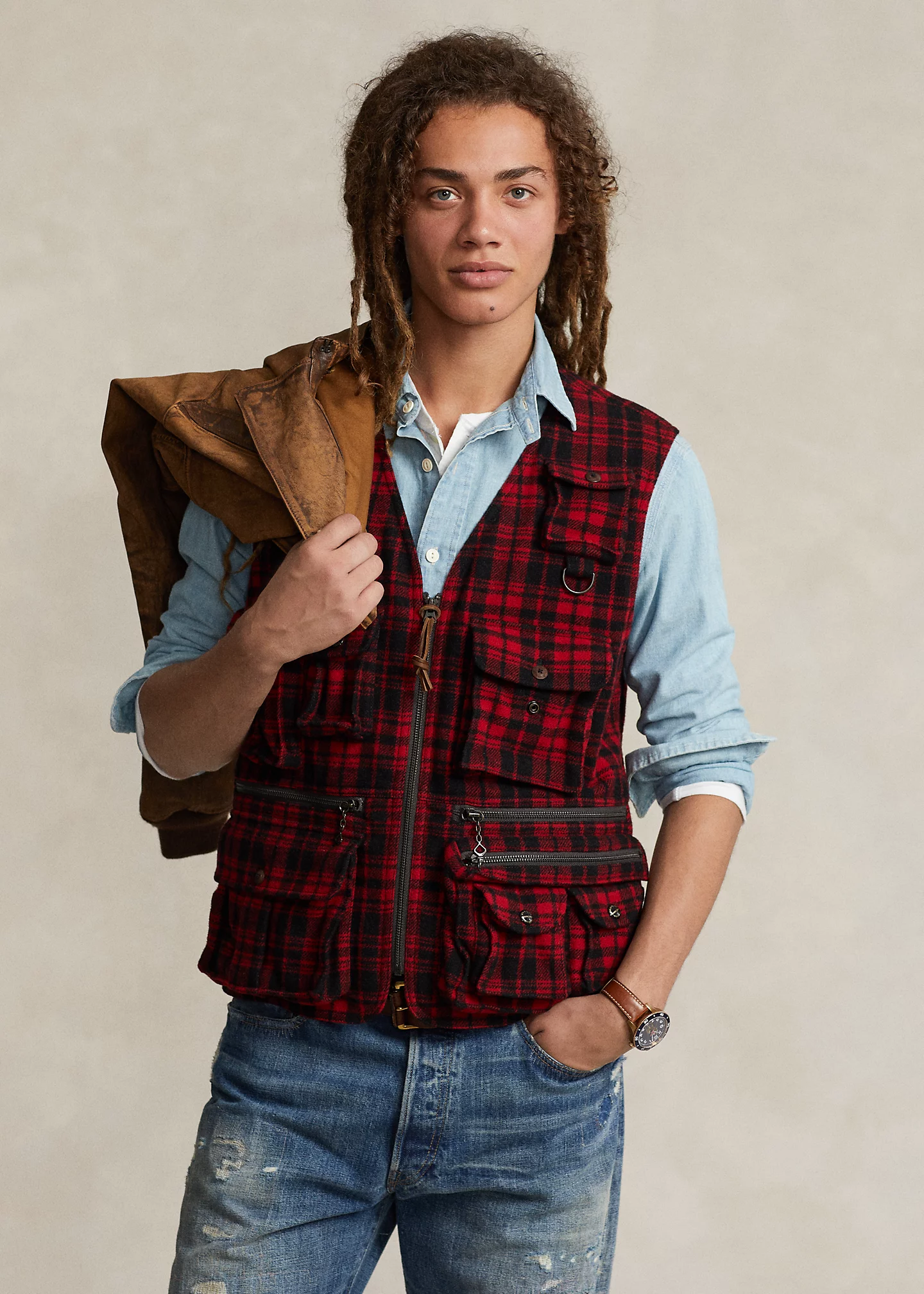 Plaid Wool-Blend Utility Vest