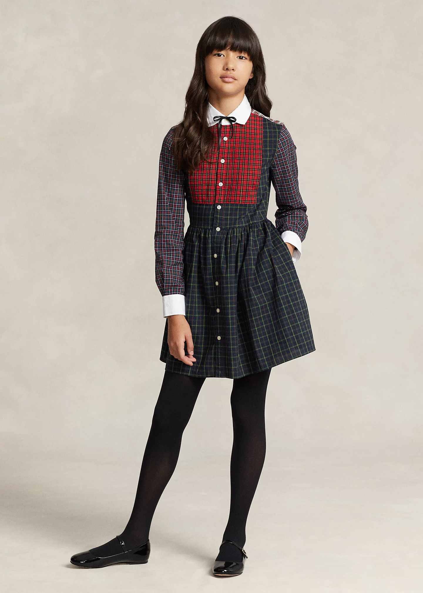 Mixed-Plaid Cotton Shirtdress