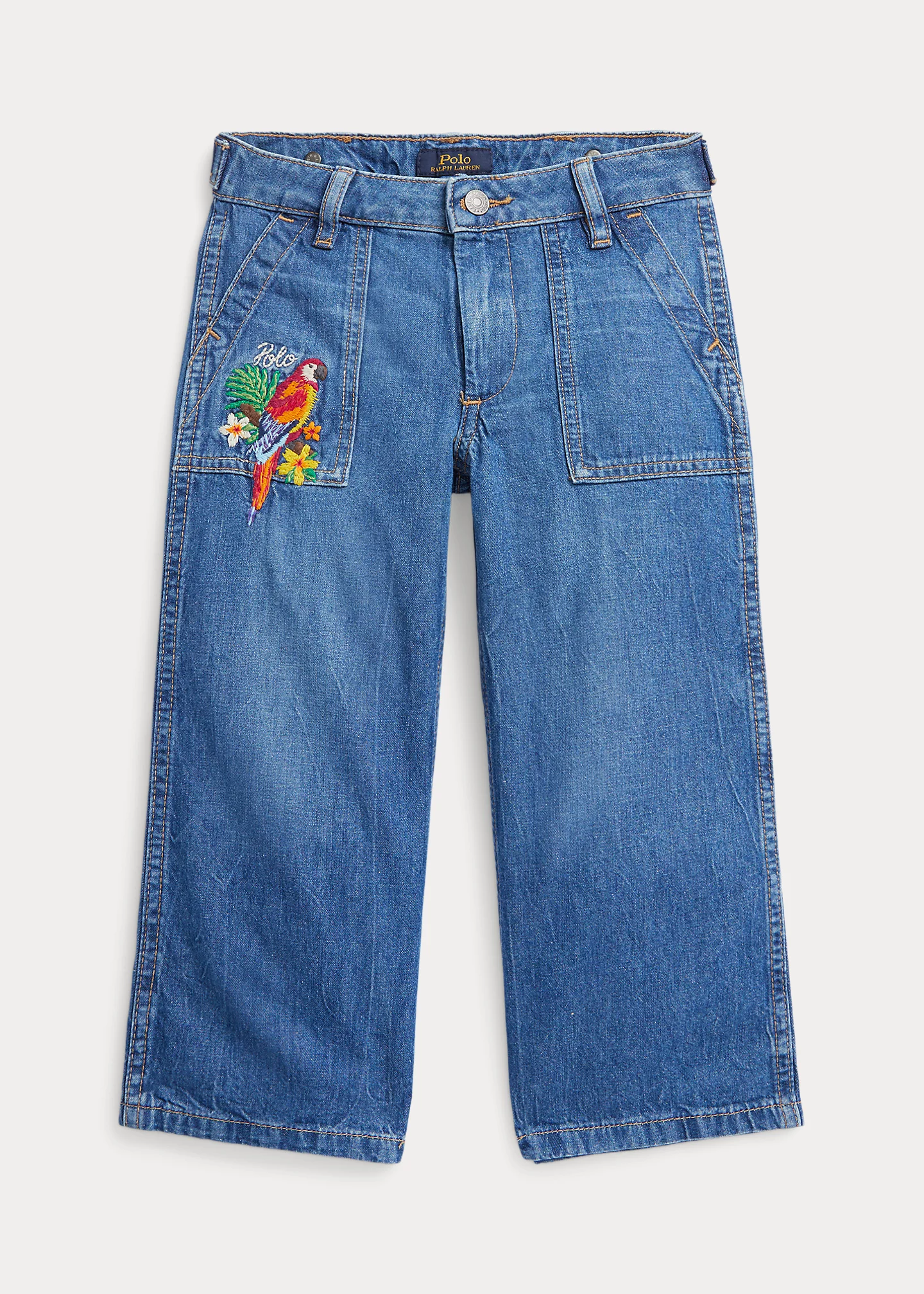 Tropical-Embroidery Wide-Leg Jean