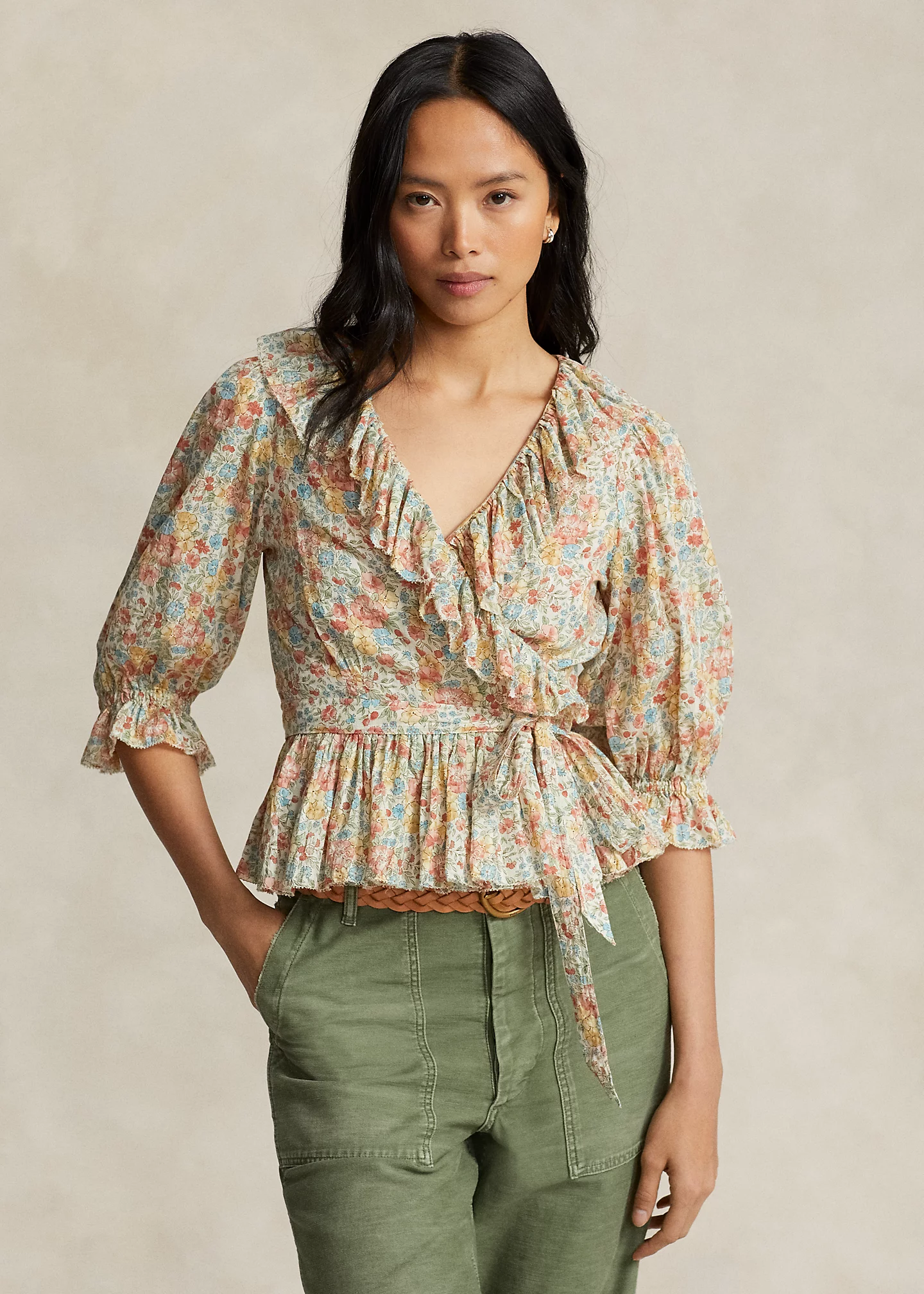 Ruffled Floral Motif Cotton Wrap Top