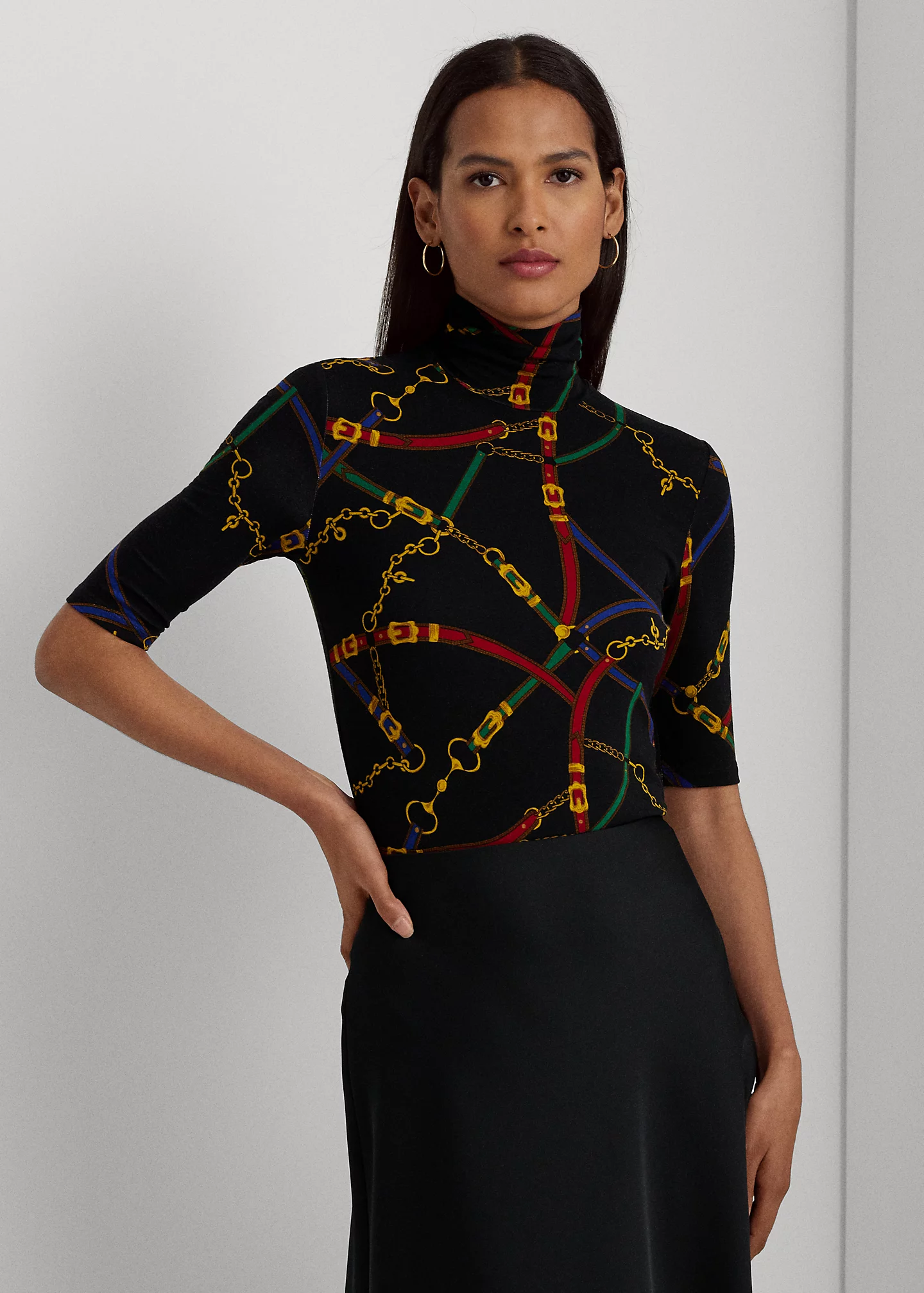 Belting-Print Stretch Jersey Turtleneck