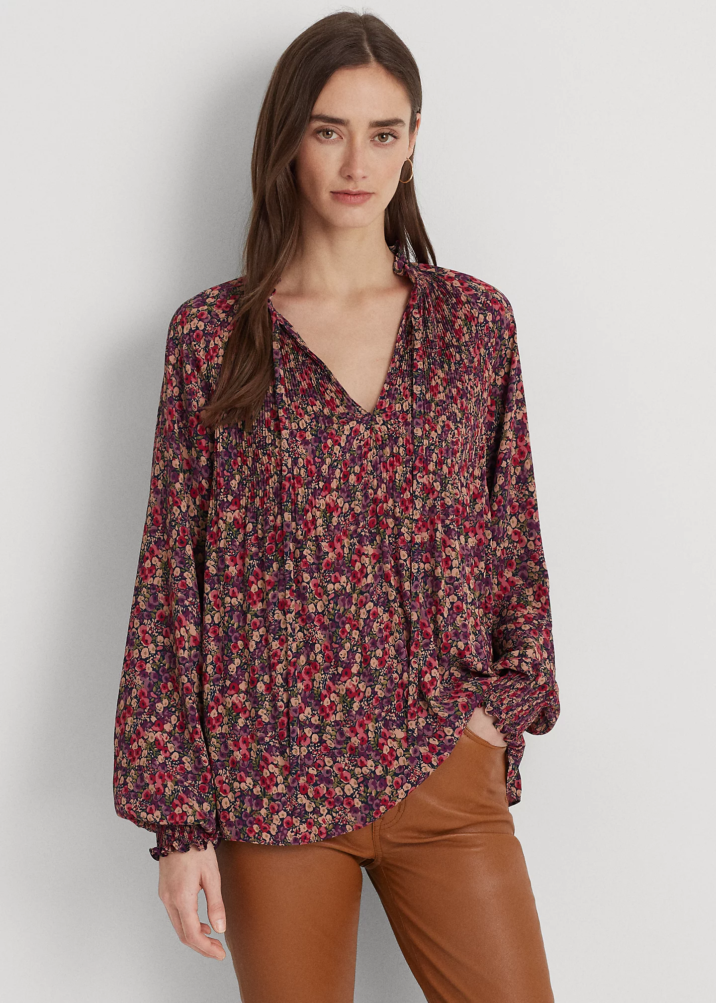 Floral Pleated Georgette Tie-Neck Blouse